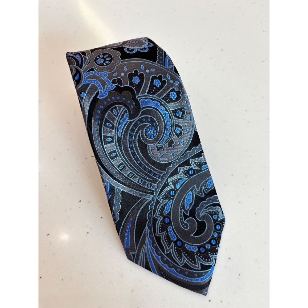 Croft & Barrow Mens Silk Necktie Blue Grey Black Paisley Hand Made Classic Tie